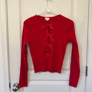 Le Lis Red Ribbed Long-Sleeve Top with Front Bow Ties